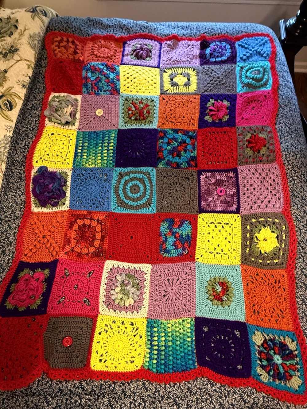 Vintage Handmade Crochet Afghan Blanket 3D Rose Granny Square Throw 60”L X 45”W - Picture 7 of 7